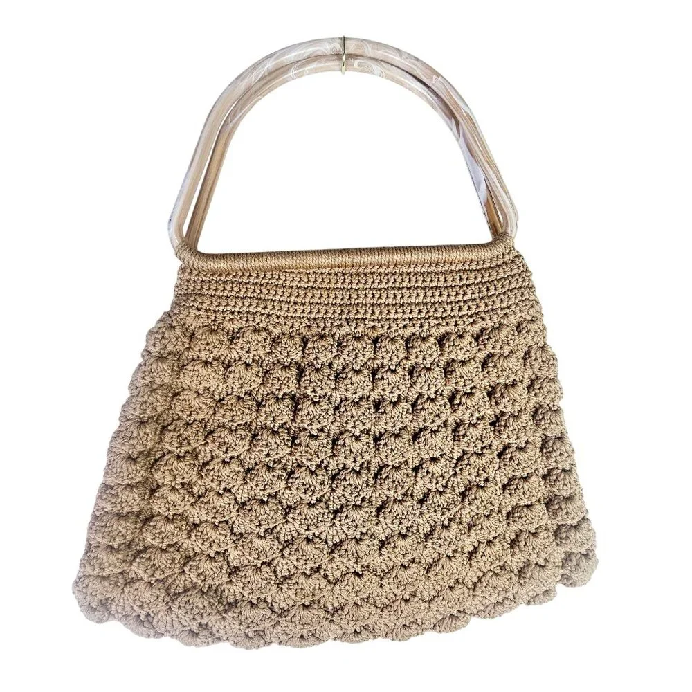 Vintage Large Swirl Double Handled Crochet Bubble Stitch Hobo Style Handbag